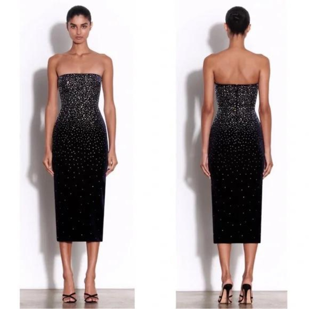Alex Perry Strapless Crystal Embellished Velvet Black Midi Dress Size 2